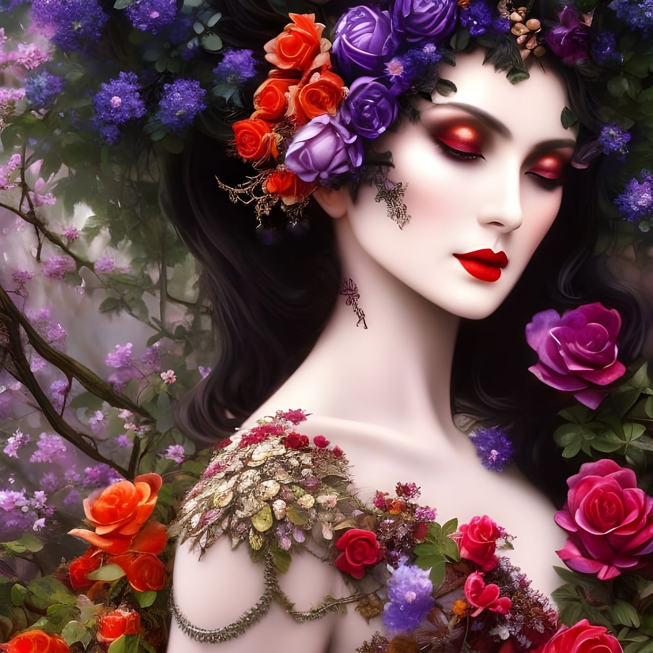 Dreamy Witch in Moonlit Garden, Hyperdetailed Illustration