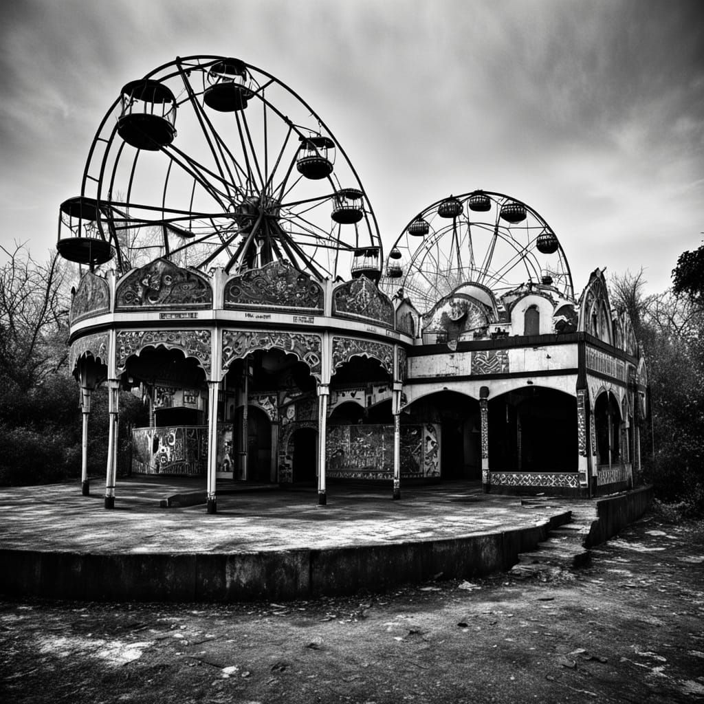 Eerie Abandoned Moorish Amusement Park in Black and White