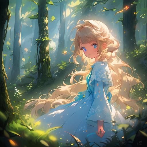 Fox-Eared Girl in Forest with Nine-Tailed Fox