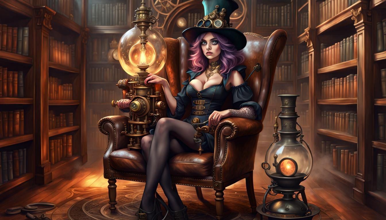 Steampunk Witch Casting Spells in Alchemical Library