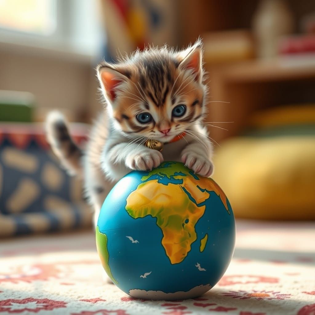 Kitten Plays with Earth Toy, Whimsical Art