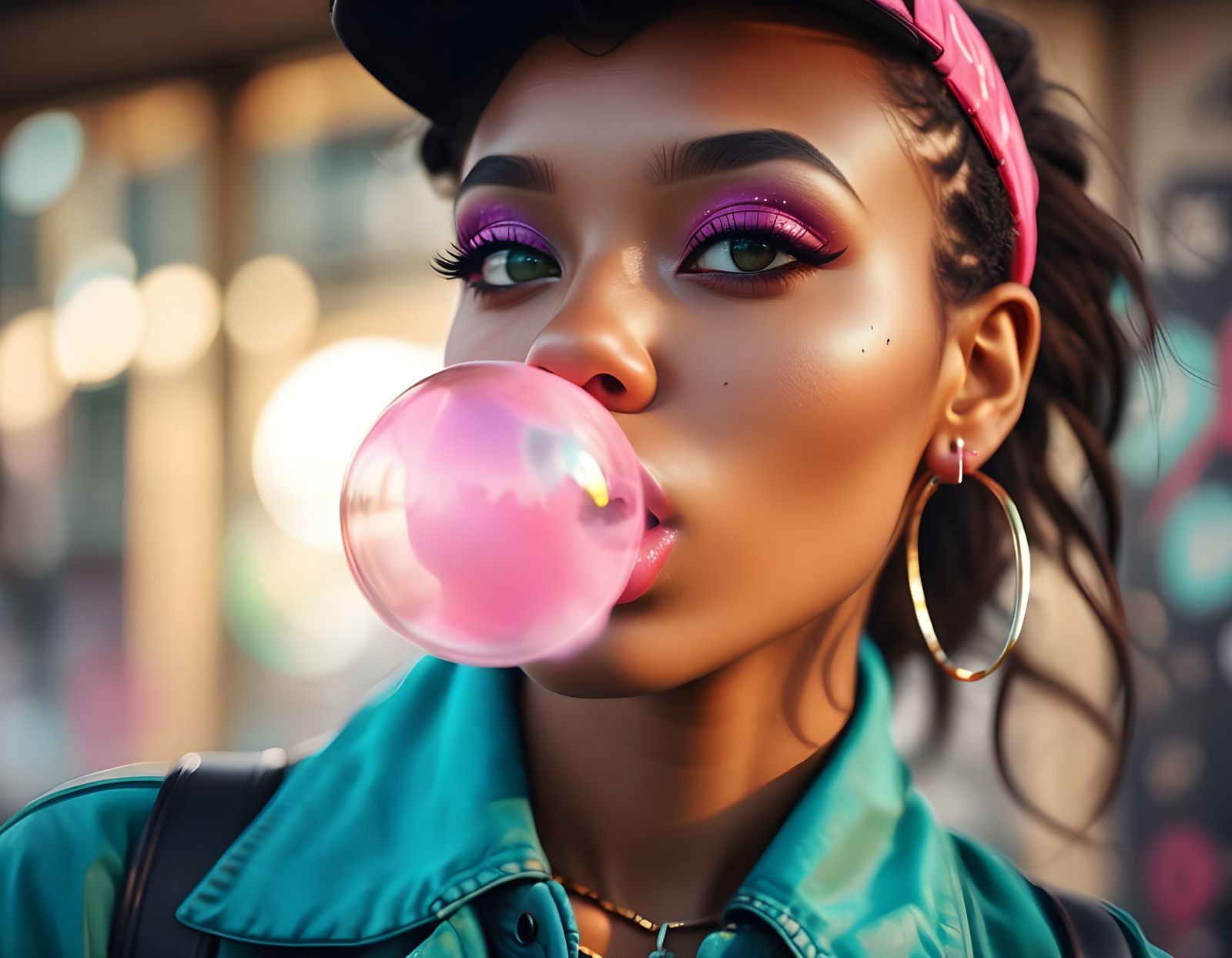 Sultry Hip Hop Beauty Blows a Bubble of Pink Bubblegum