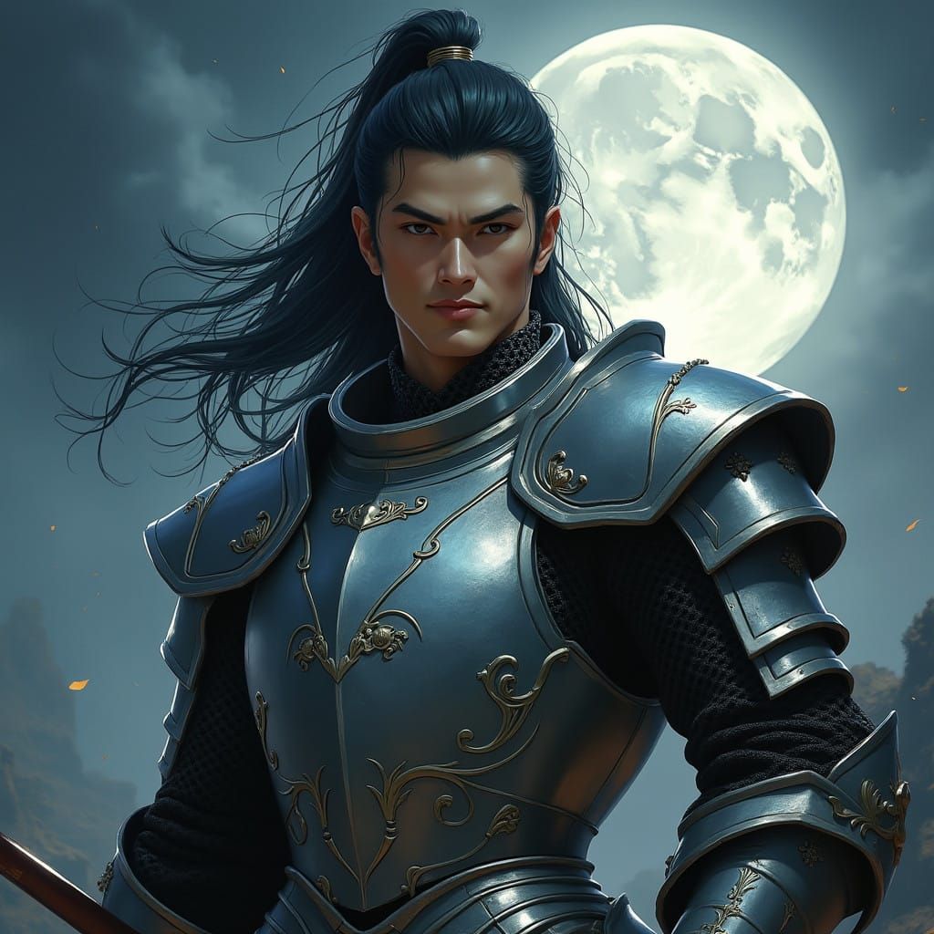 Dramatic Manhwa-Style Knight in Moonlit Armor