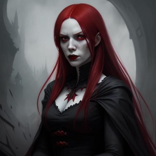 Sinister Red-Haired Vampire Lady in Rutkowski Style