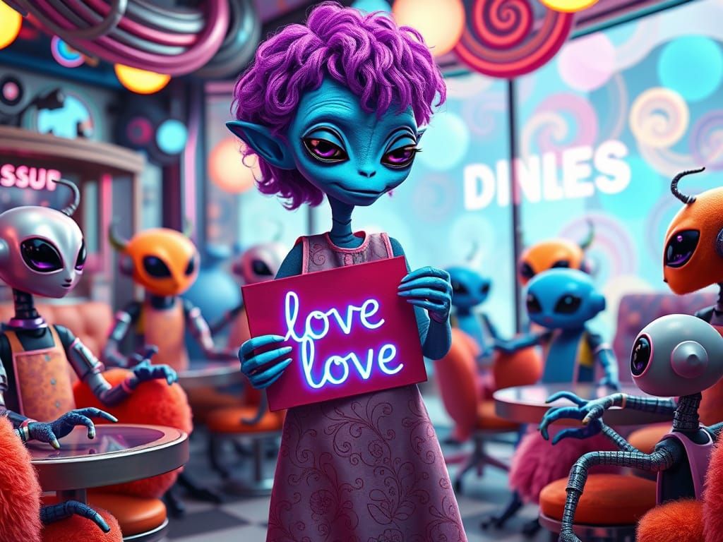 Whimsical Blue Alien in Floral Apron Amidst Vibrant Sci-Fi D...