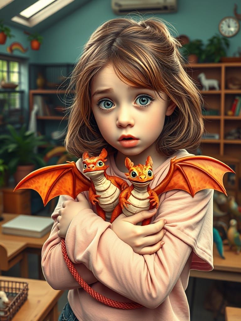 Vibrant Teen Girl Hugs Tiny Dragon Pet in a Whimsical Classr...