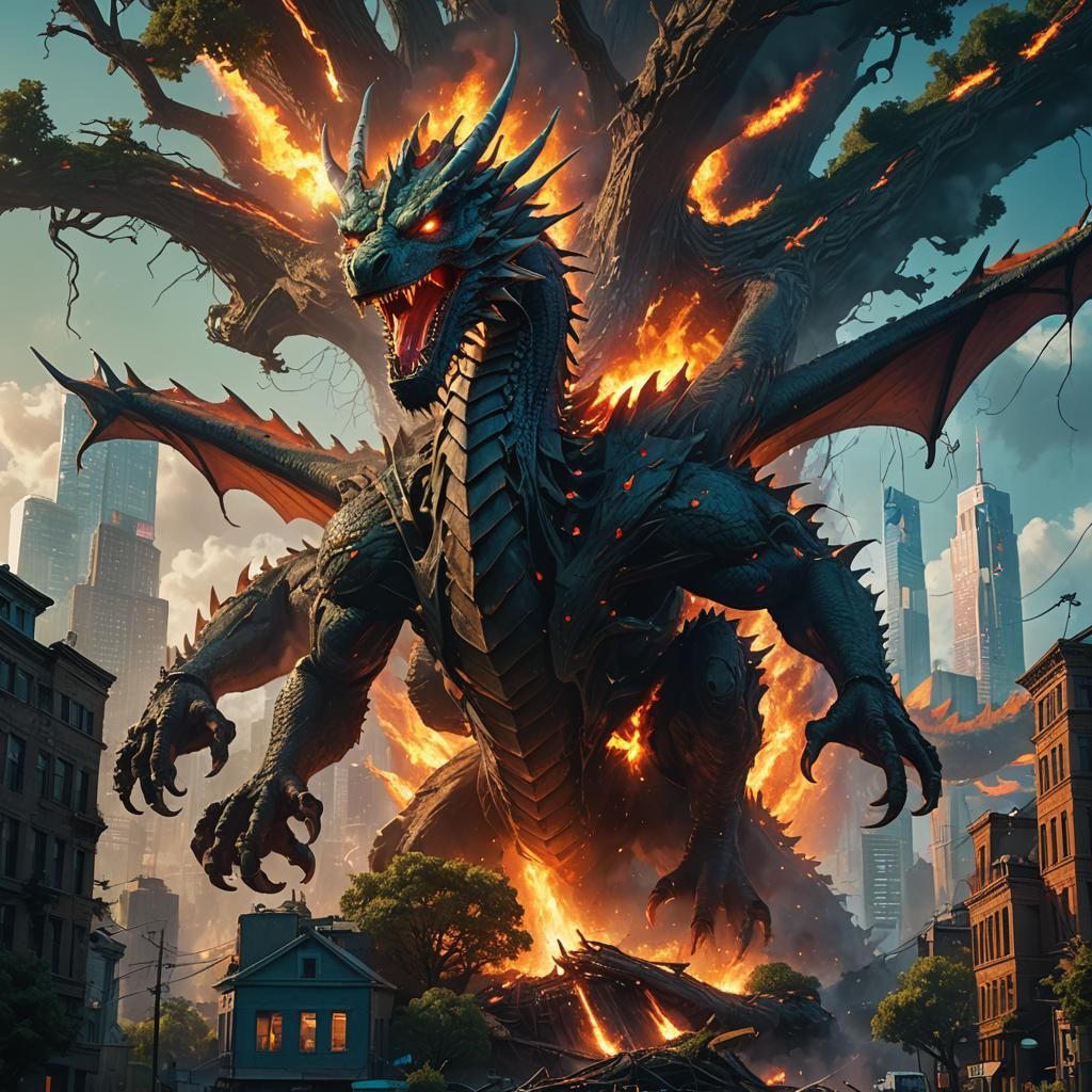 Dragon Emerges From Tree in Futuristic City