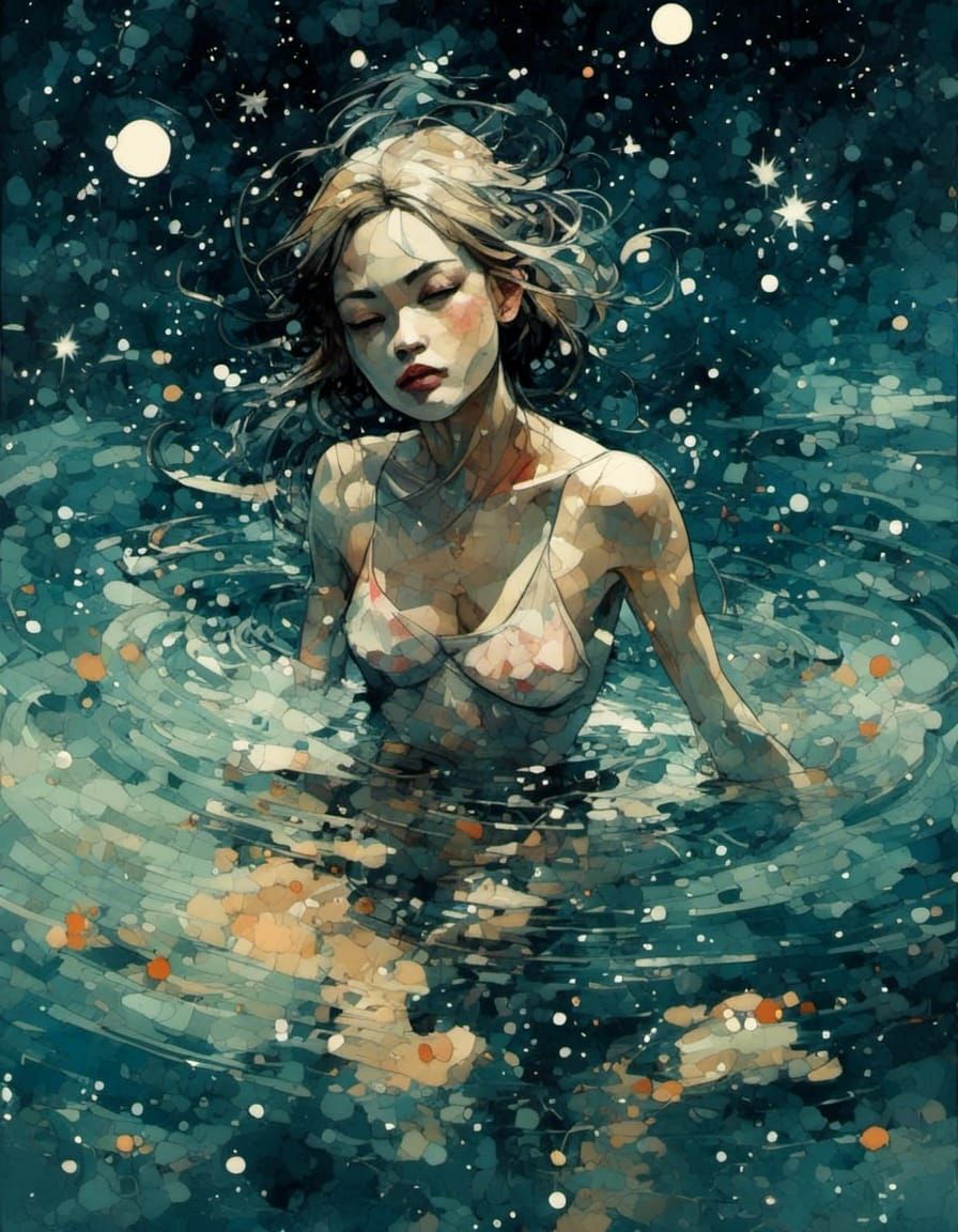 <lora:Model X:1.0> a beautiful girl swimming in a pond, dark starry night, moonlight radiance