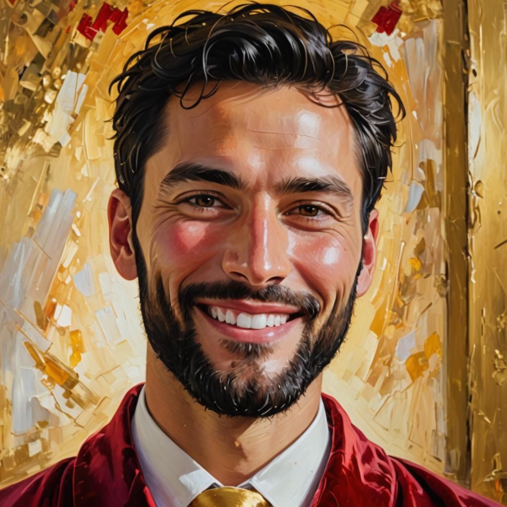 Elegant Man in Red Velvet Robe with Golden Tie