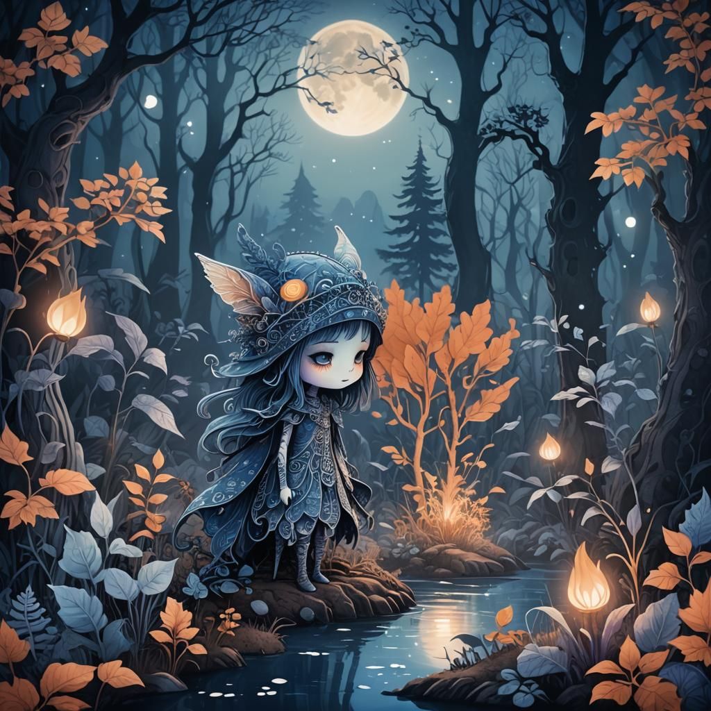 Chibi Creature in Ethereal Cyanotype Landscape