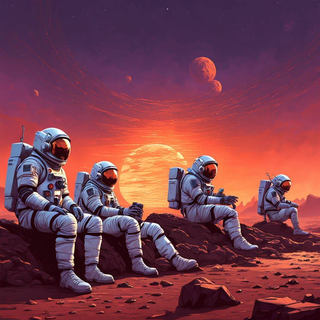 Retro-Futuristic Astronauts Amidst a Binary Sunset