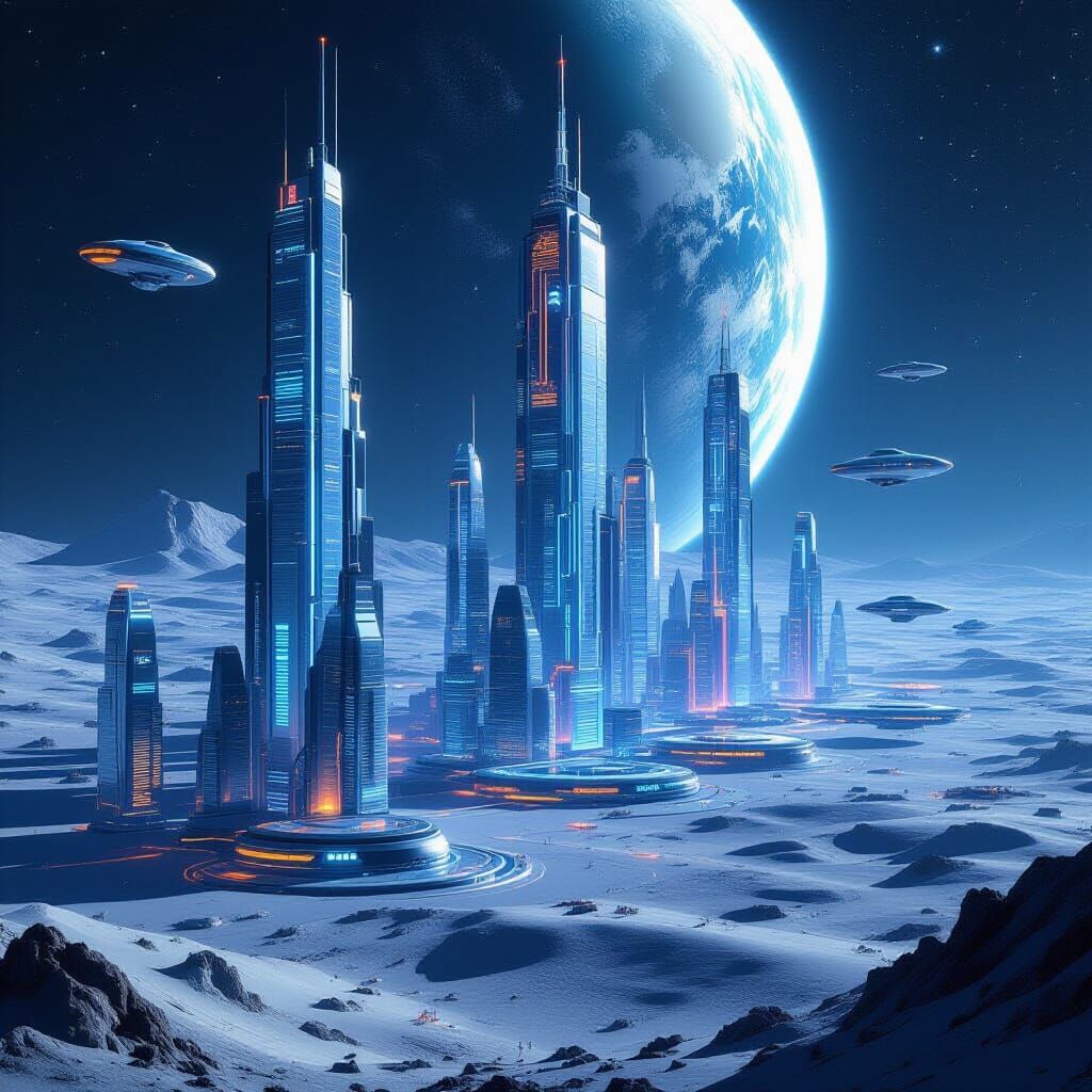 Futuristic Lunar City with Earth in Background