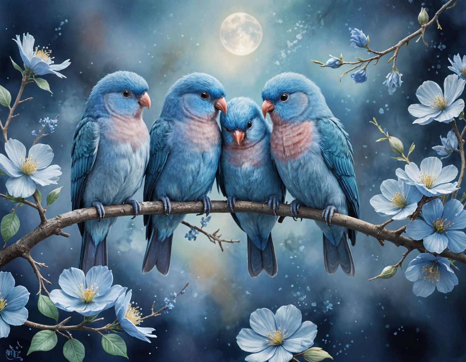 Blue Lovebirds Gather Under Blue Moon in Watercolour Style