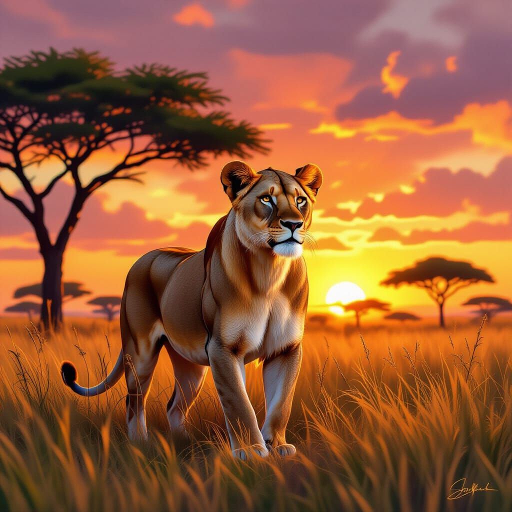 Lioness in Savannah Sunset, Dreamy Art Style