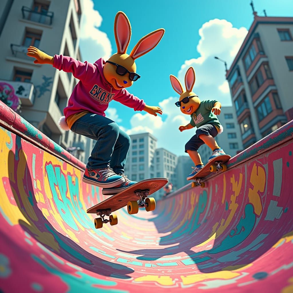 Skateboarding Bunnies in Urban Graffiti Skate Park
