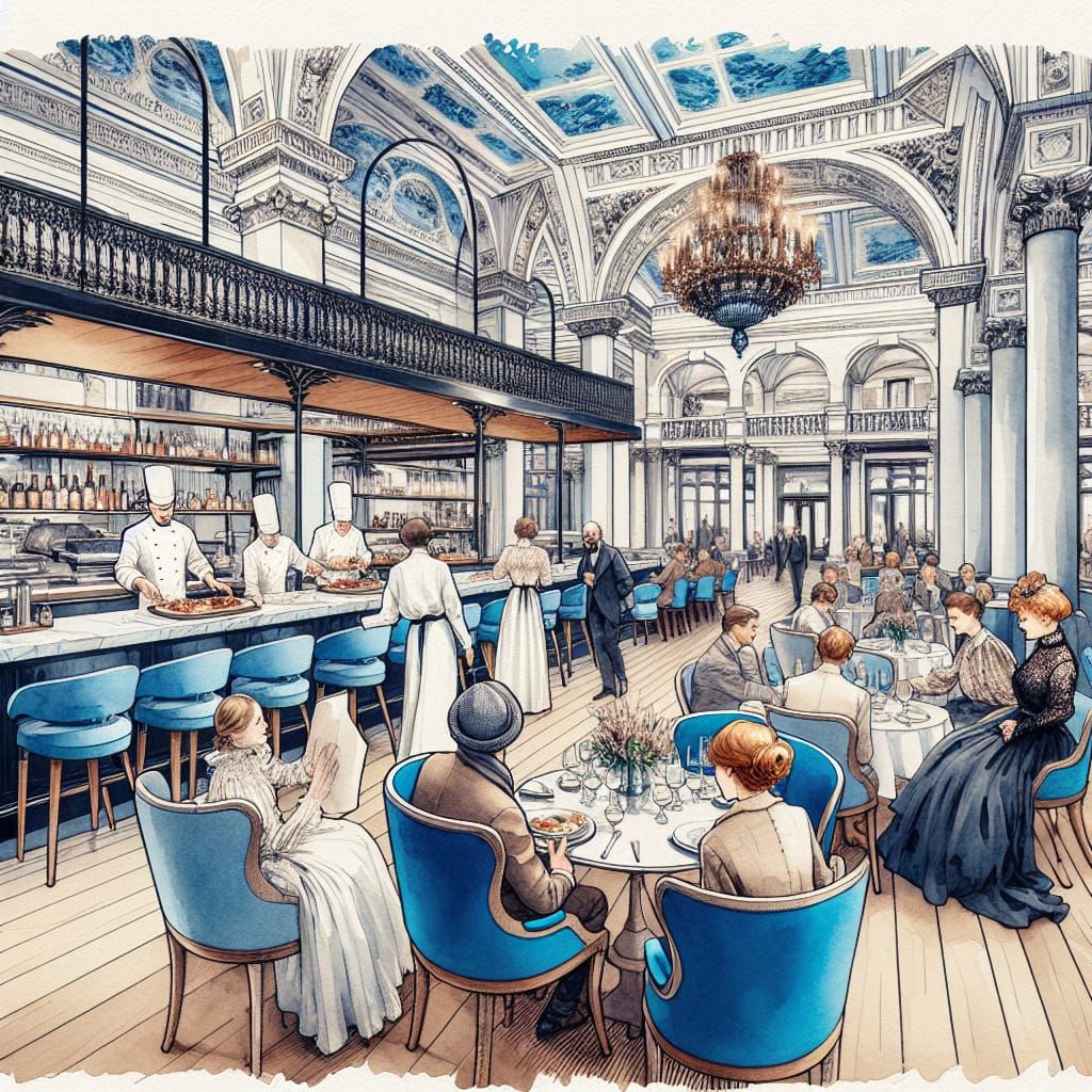 Milan Seafood Restaurant Scene in Watercolor Style