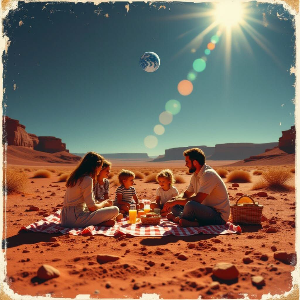 Family Picnic on Mars in Vintage Polaroid Style