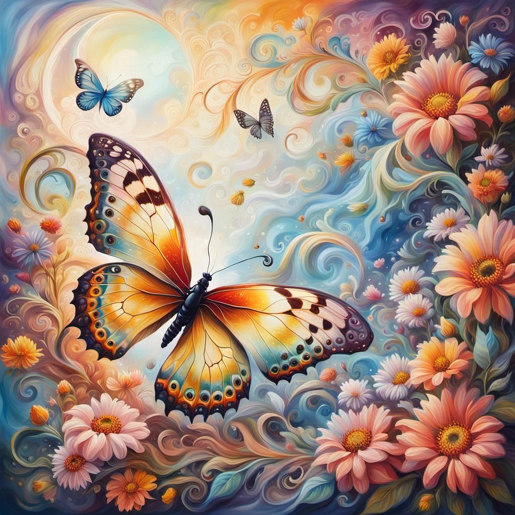 Ethereal Butterfly with Flowers in Oil Painting Style