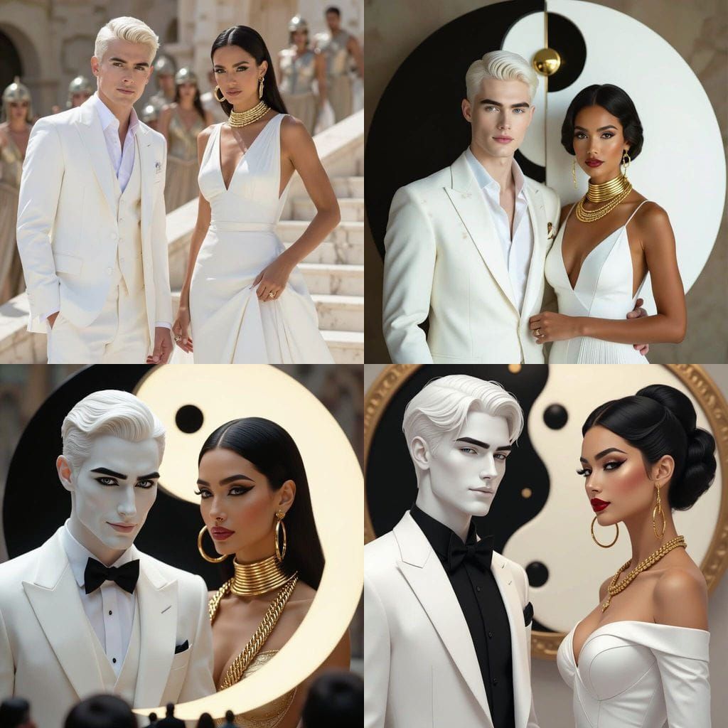 Elegant Duo in White Suits, Cinematic Film Still