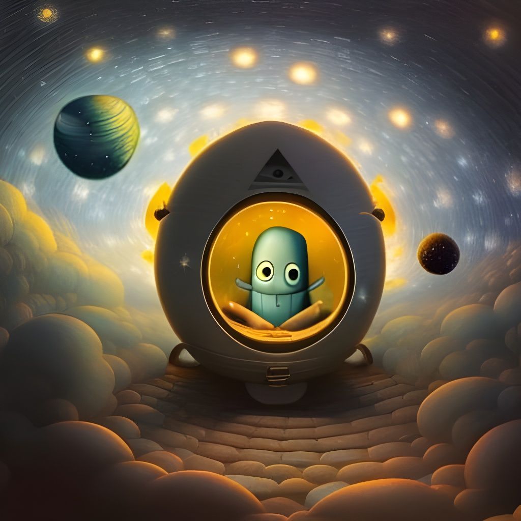 Cottage in Space Rocket, Starry Night Digital Art