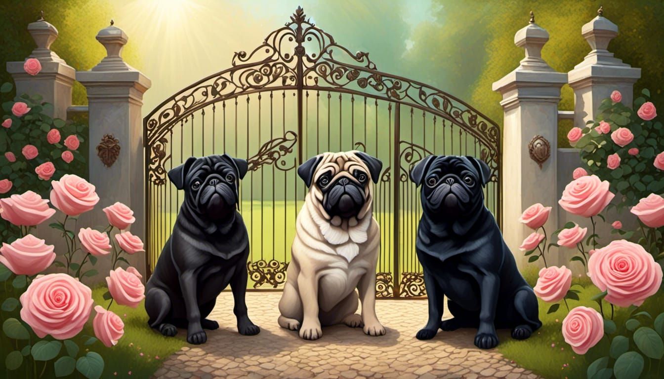 Pugs in Rose Garden: Pastel Watercolor Painting