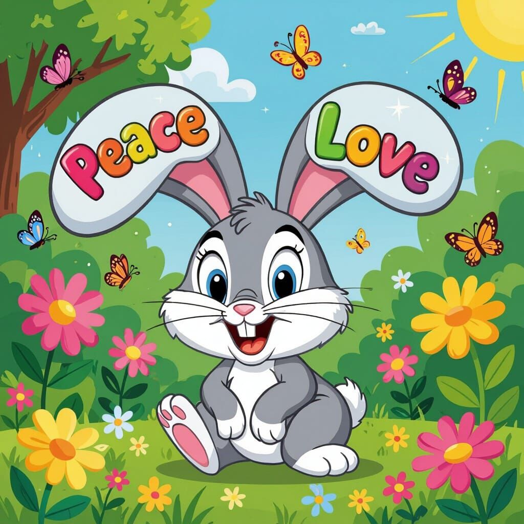 Joyful Cartoon Rabbit Celebrating Peace and Love