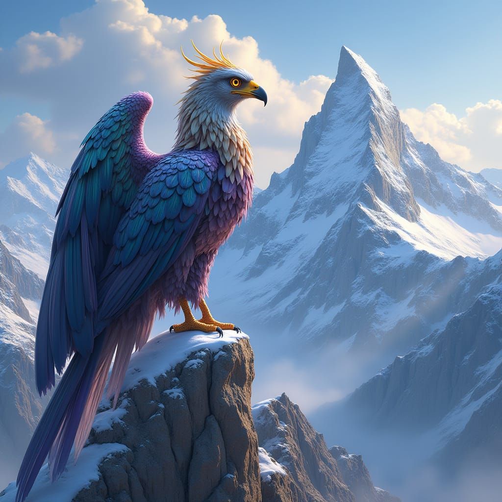 Regal Griffin on Snow-Capped Mountain Peak in Hyperrealistic...
