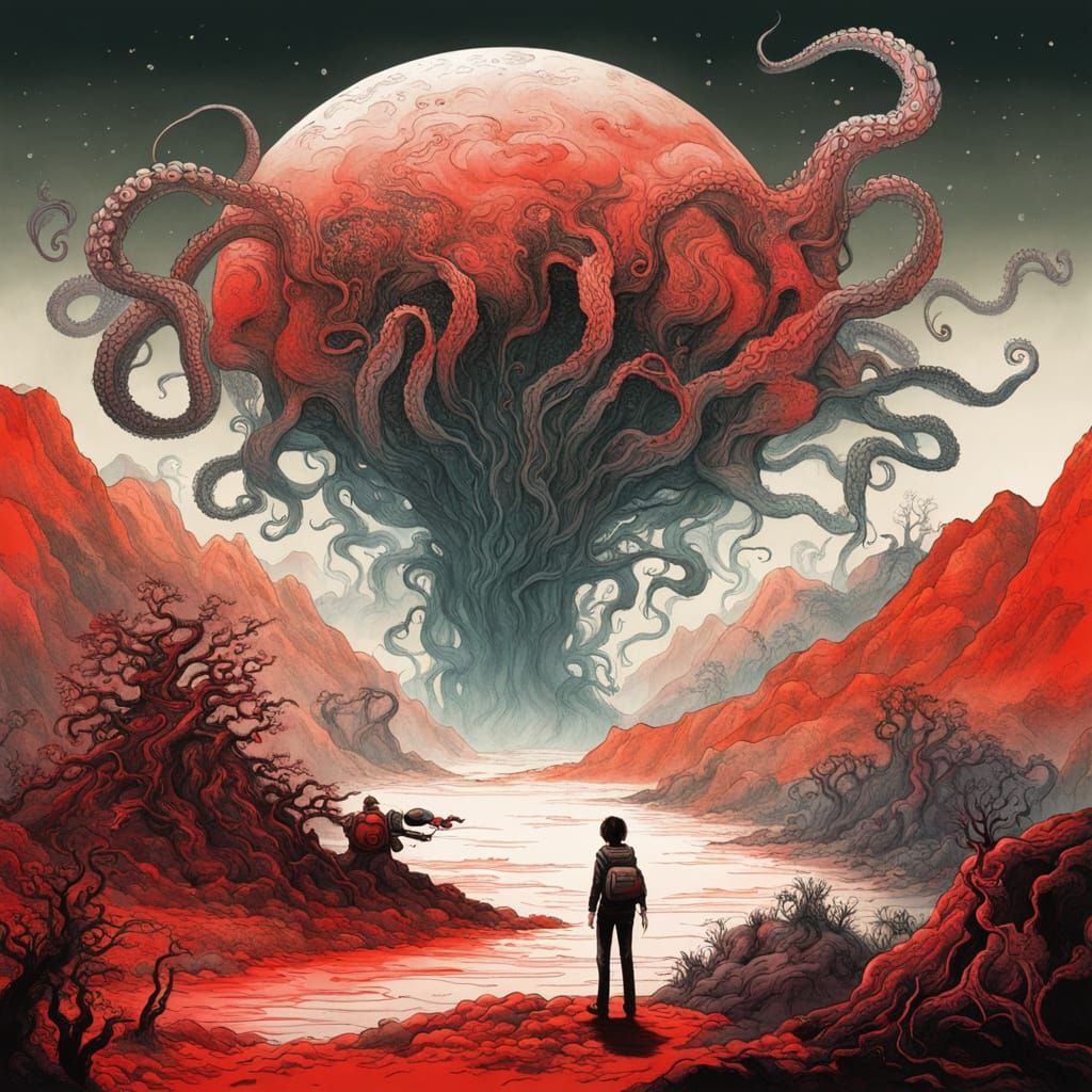 Tentacled Alien Goddess in a Vibrant Chinese Ink Painting