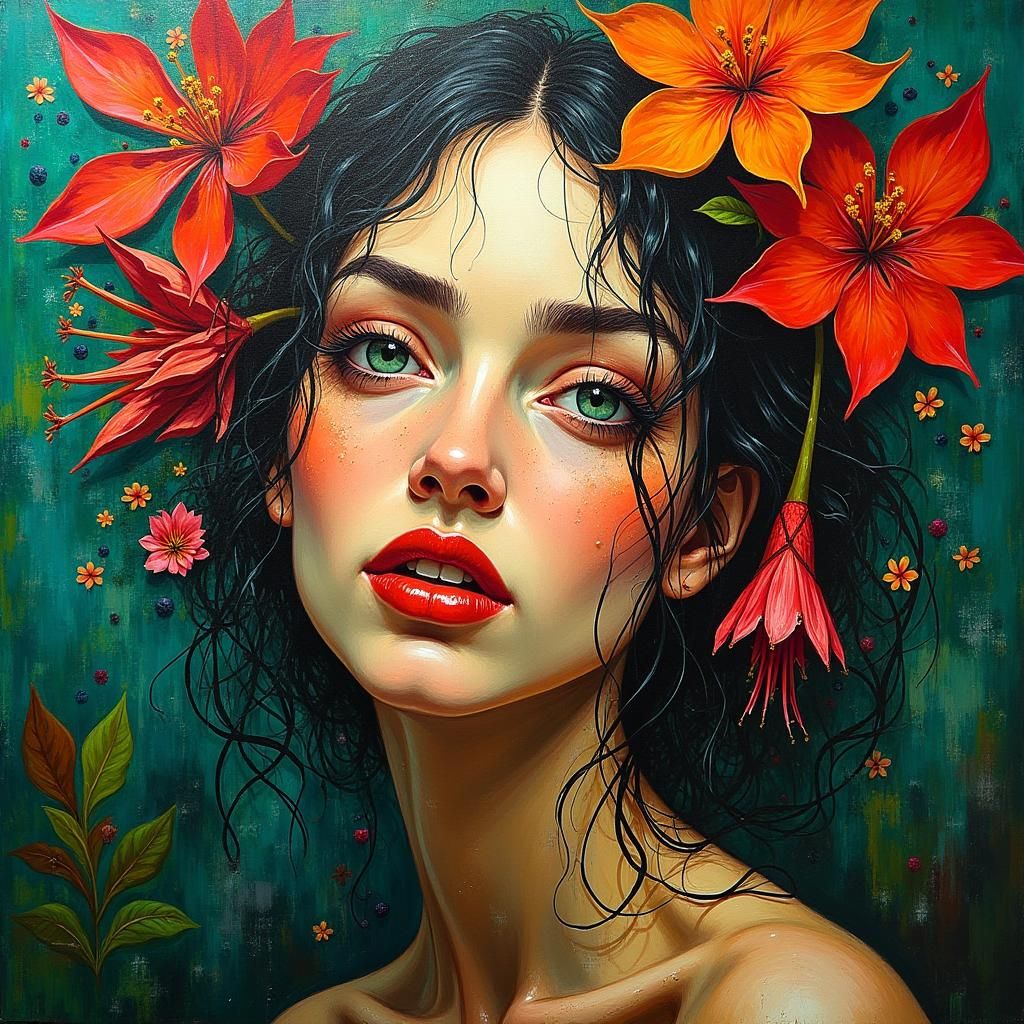 Expressionist Woman in Jungle, Abstract Oil Painting