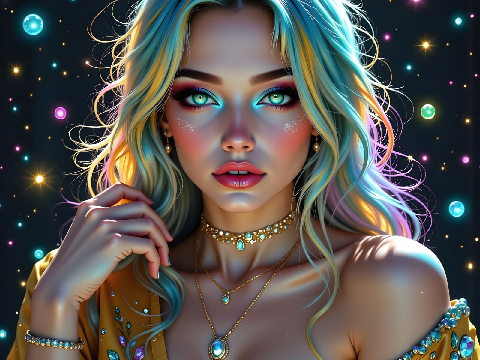 Woman with Turquoise Highlights in Pastel Hues
