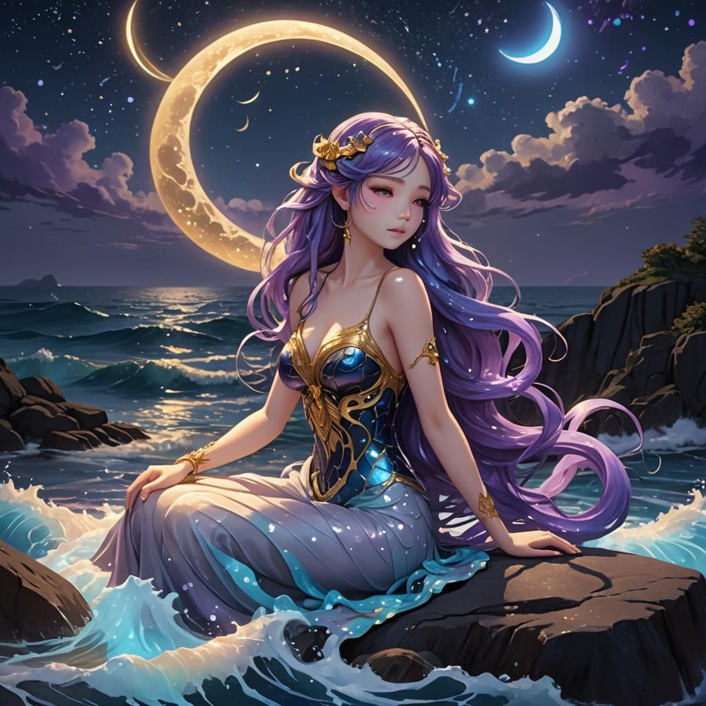 Anime Siren with Bioluminescent Waves in 3D Art