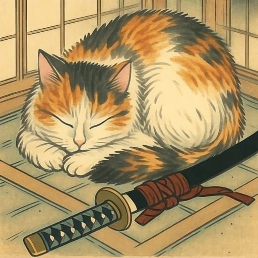 Calico Cat Curled Around Katana in Serene Japanese Style