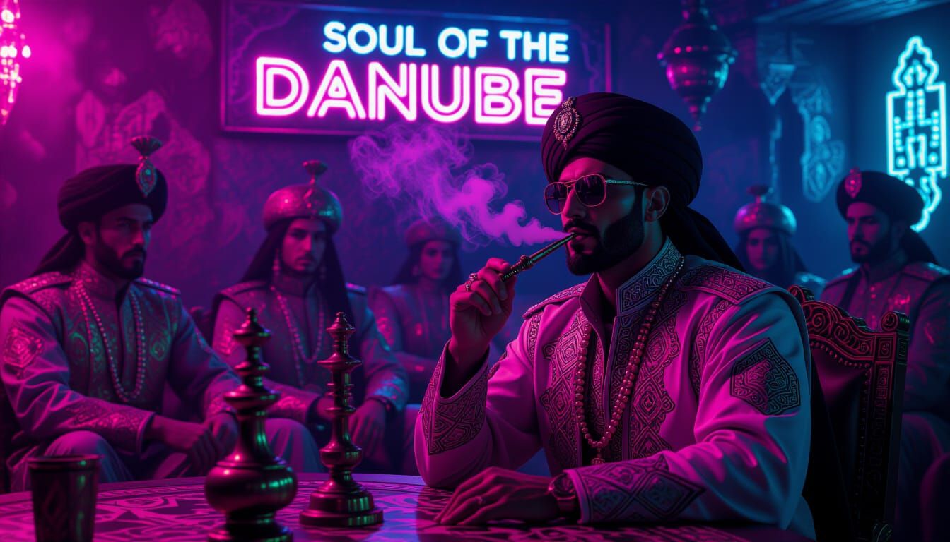 Armored Soldier Smoking Hookah in Cyberpunk Bar