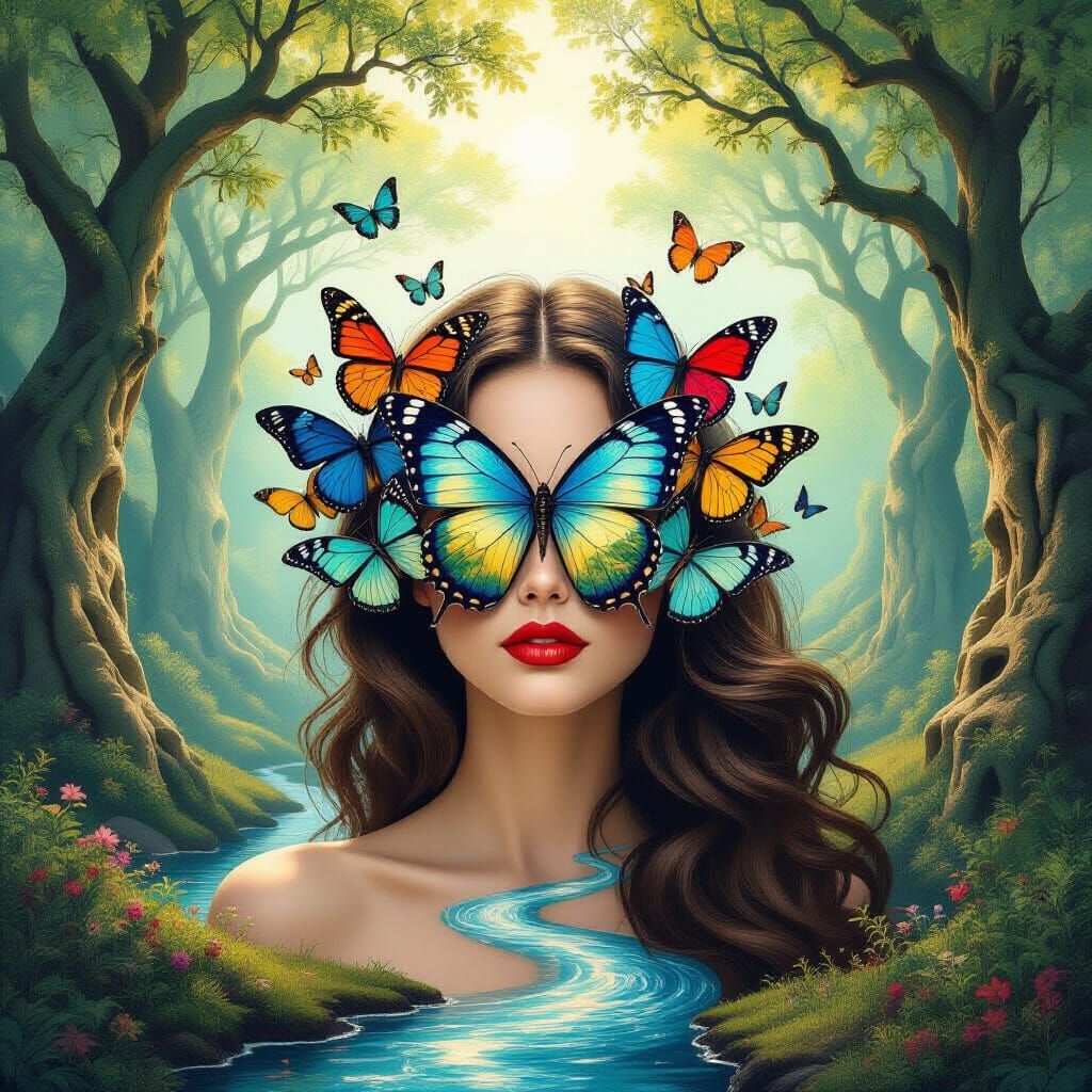 Surreal Butterfly Woman Portrait in Art Nouveau Style