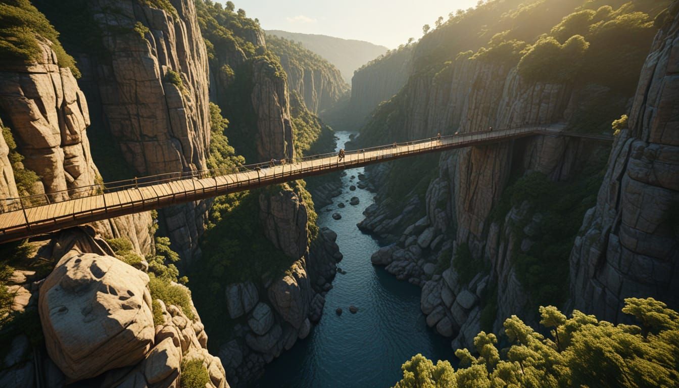 Explorer on Suspension Bridge in Epic Landscape