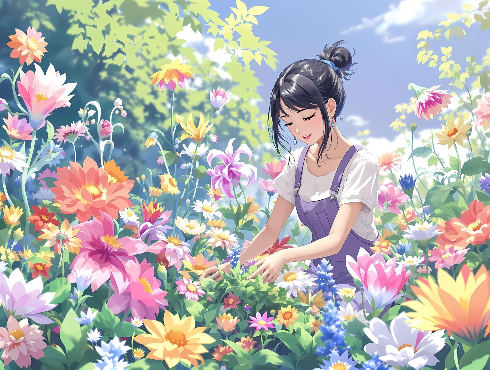 Anime Woman Tends Whimsical Botanical Garden