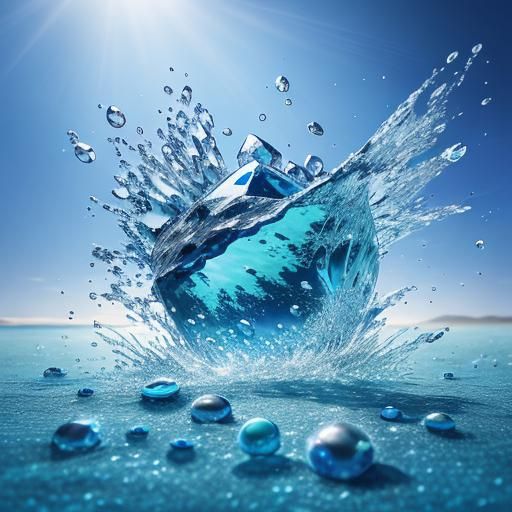 Blue Pearls on Crystal Beach: Hyperrealistic Splash Art