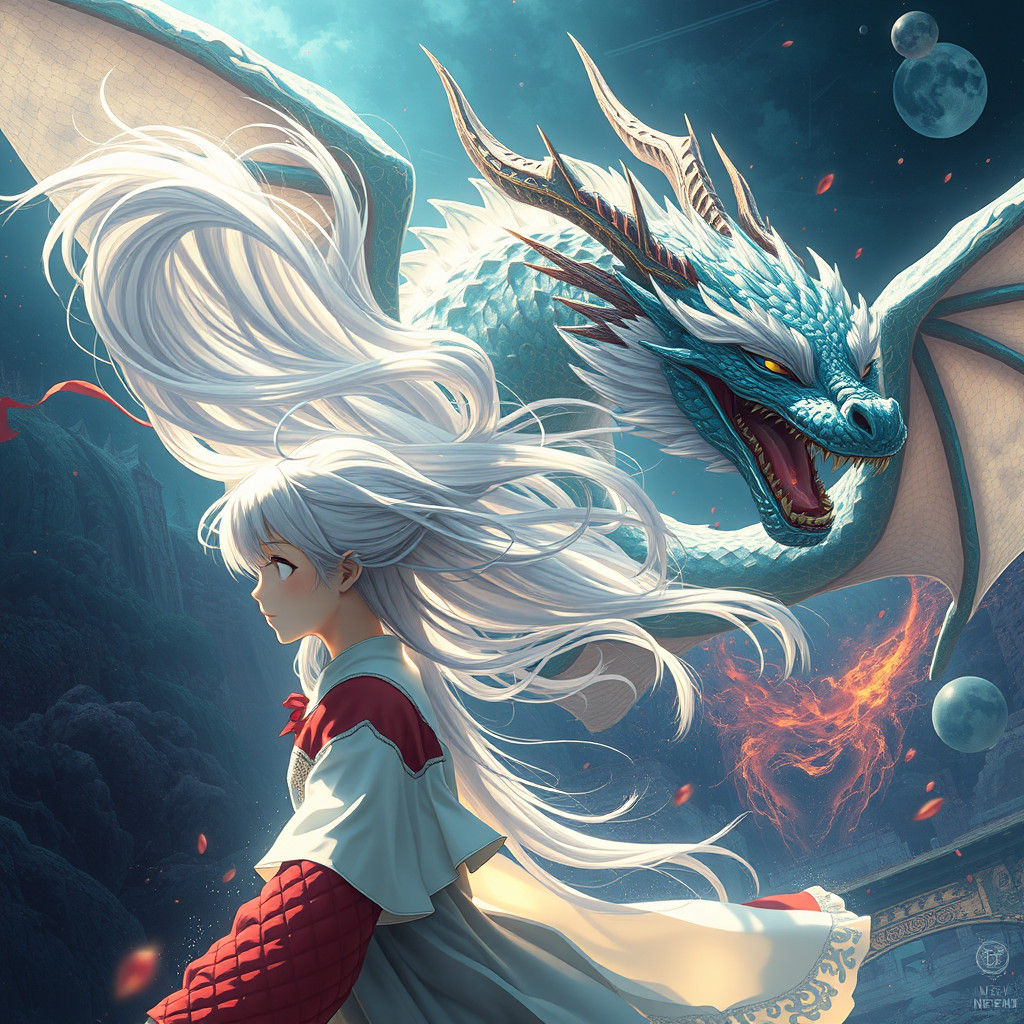Anime Girl Dragon Transformation in Detailed Matte Painting