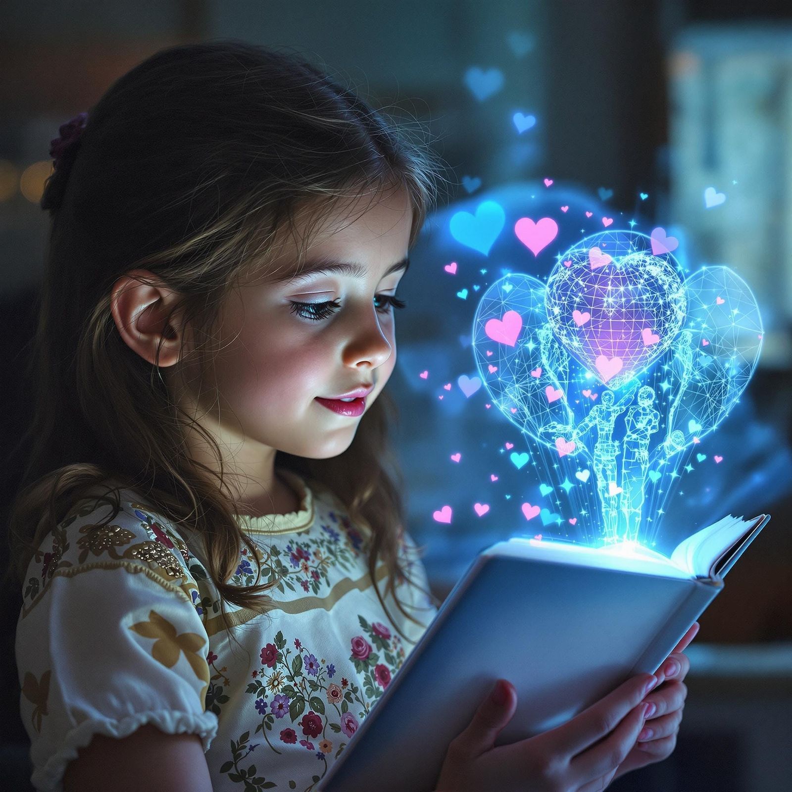 Young Girl Enchanted by Holographic Storybook in Sci-Fi Styl...