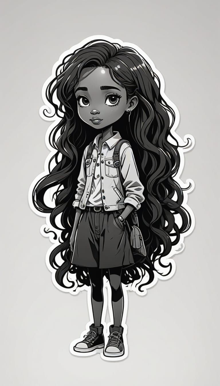 Sleek Black Girl in Monochrome with Thick Contours, Full Bod...