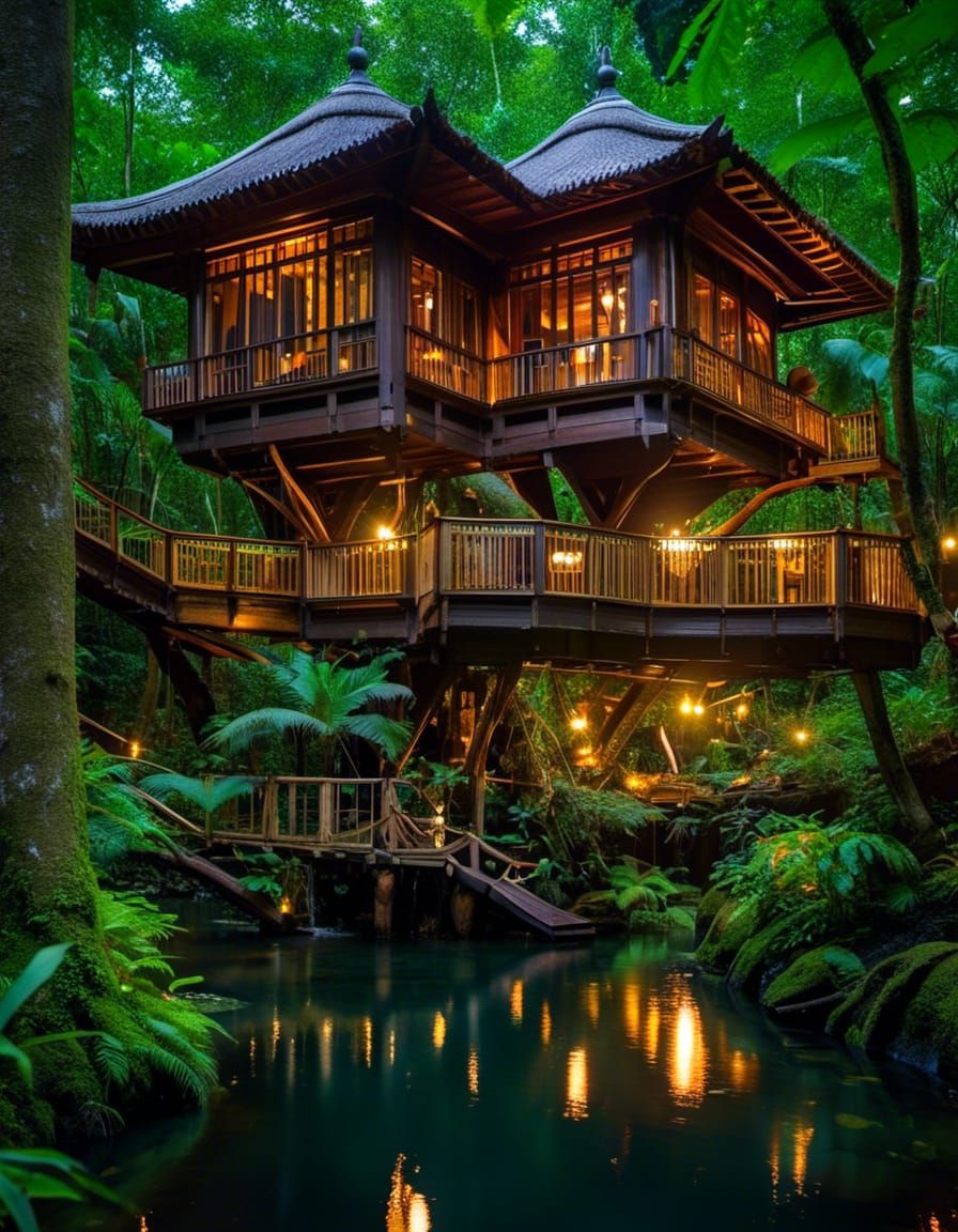 Ornate Jungle Treehouse Library at Night