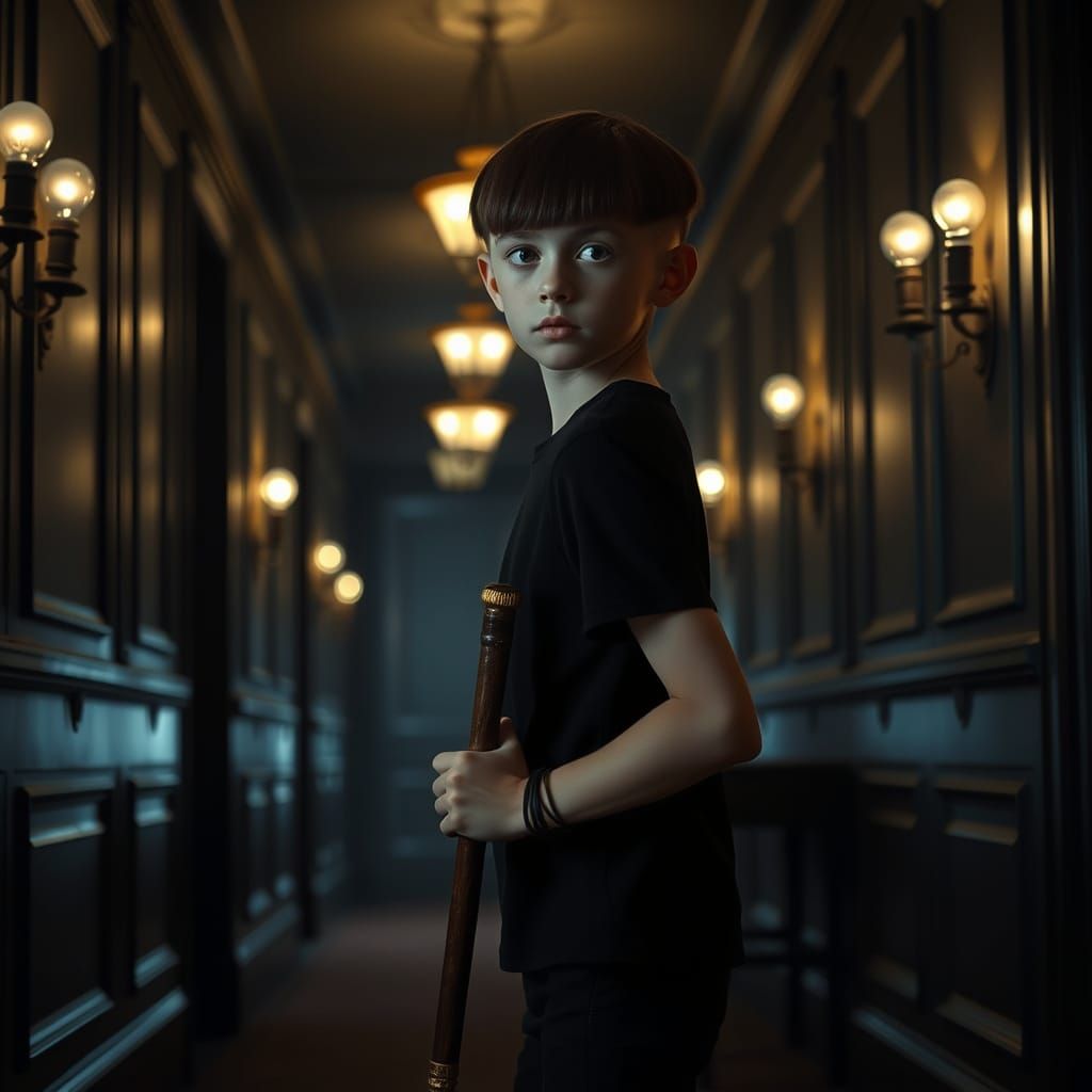 Boy Tiptoes Through Hotel Corridor in Digital Art Style
