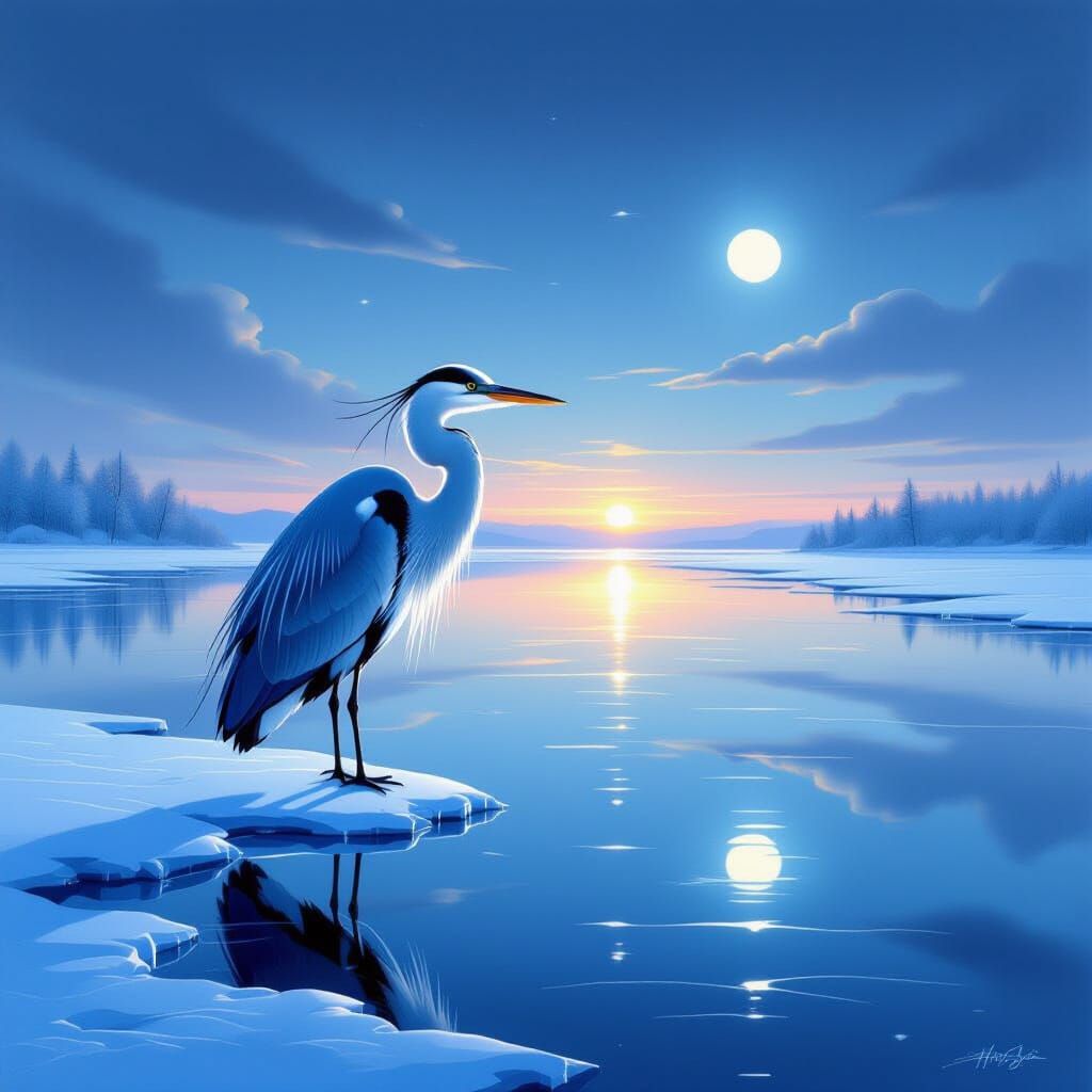 Majestic Heron on Frozen Lake in Surreal Style