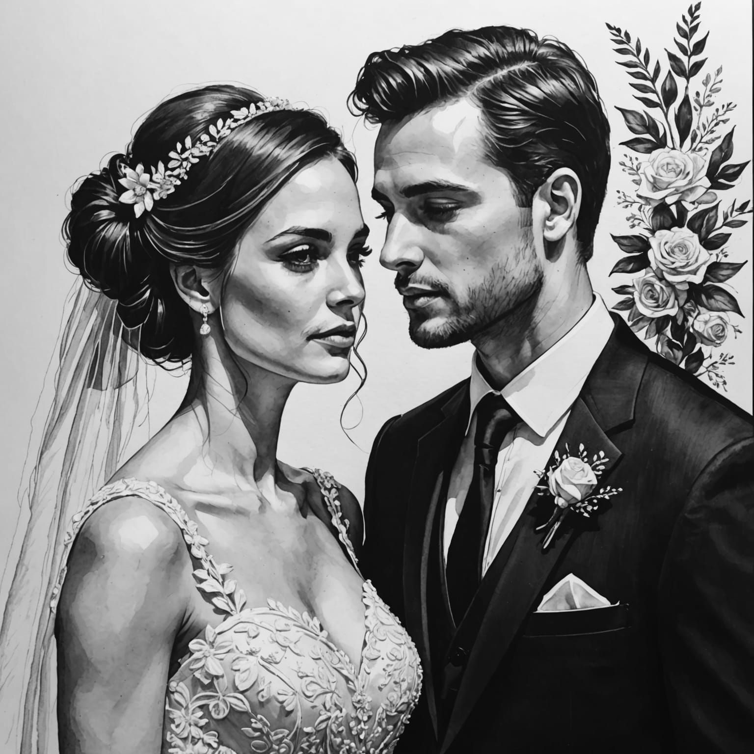 Romantic Black and White Wedding Ink Drawing