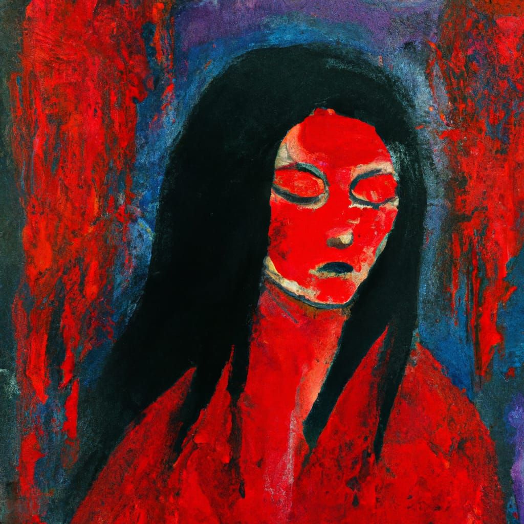 Woman in Red Mantle with Ravens, Art Deco Impasto