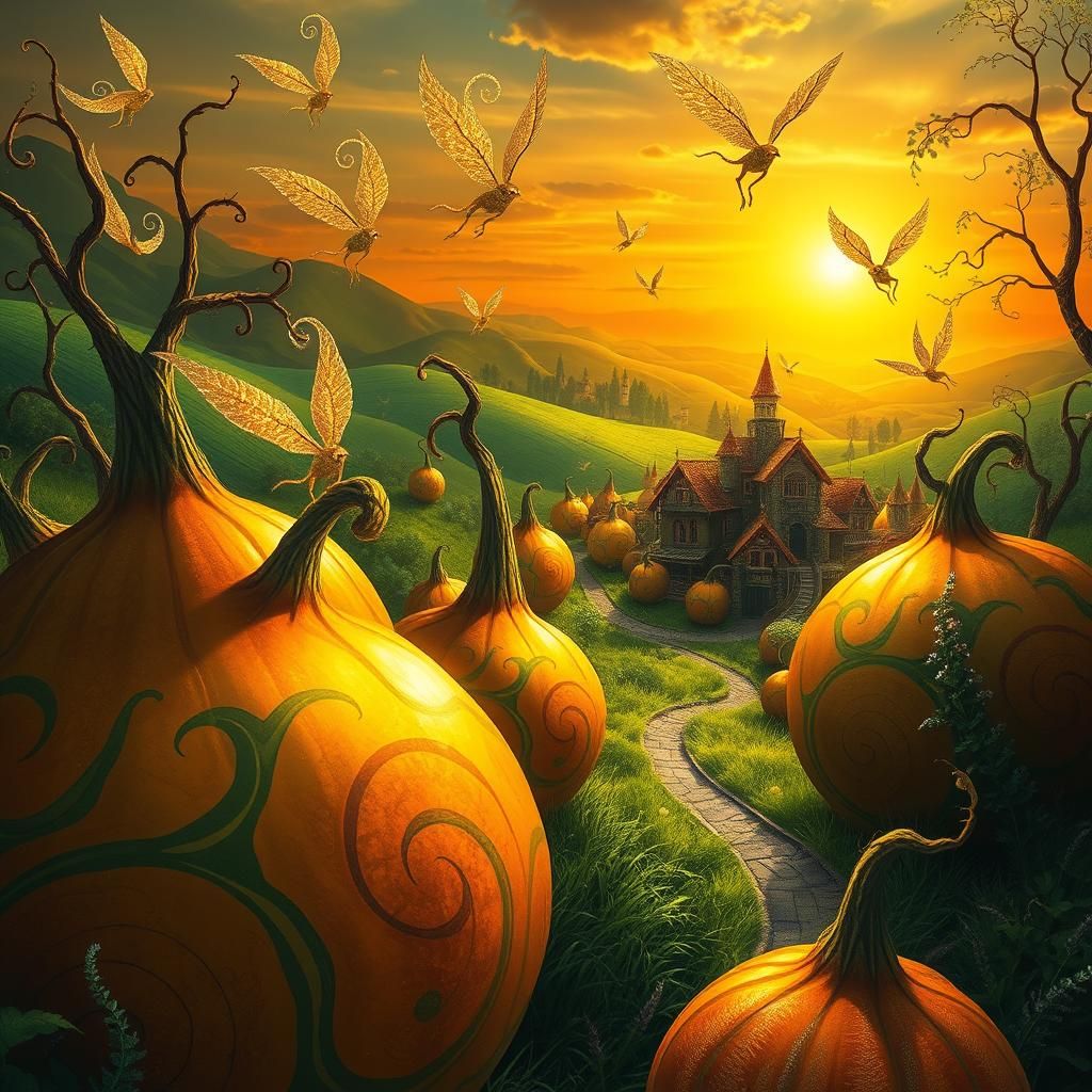 Surreal Gourd Village with Winged Creatures
