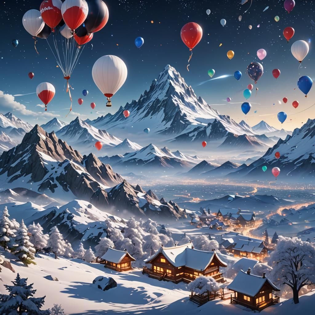 Breathtaking 3D Anime Mountain Scene with Balloons