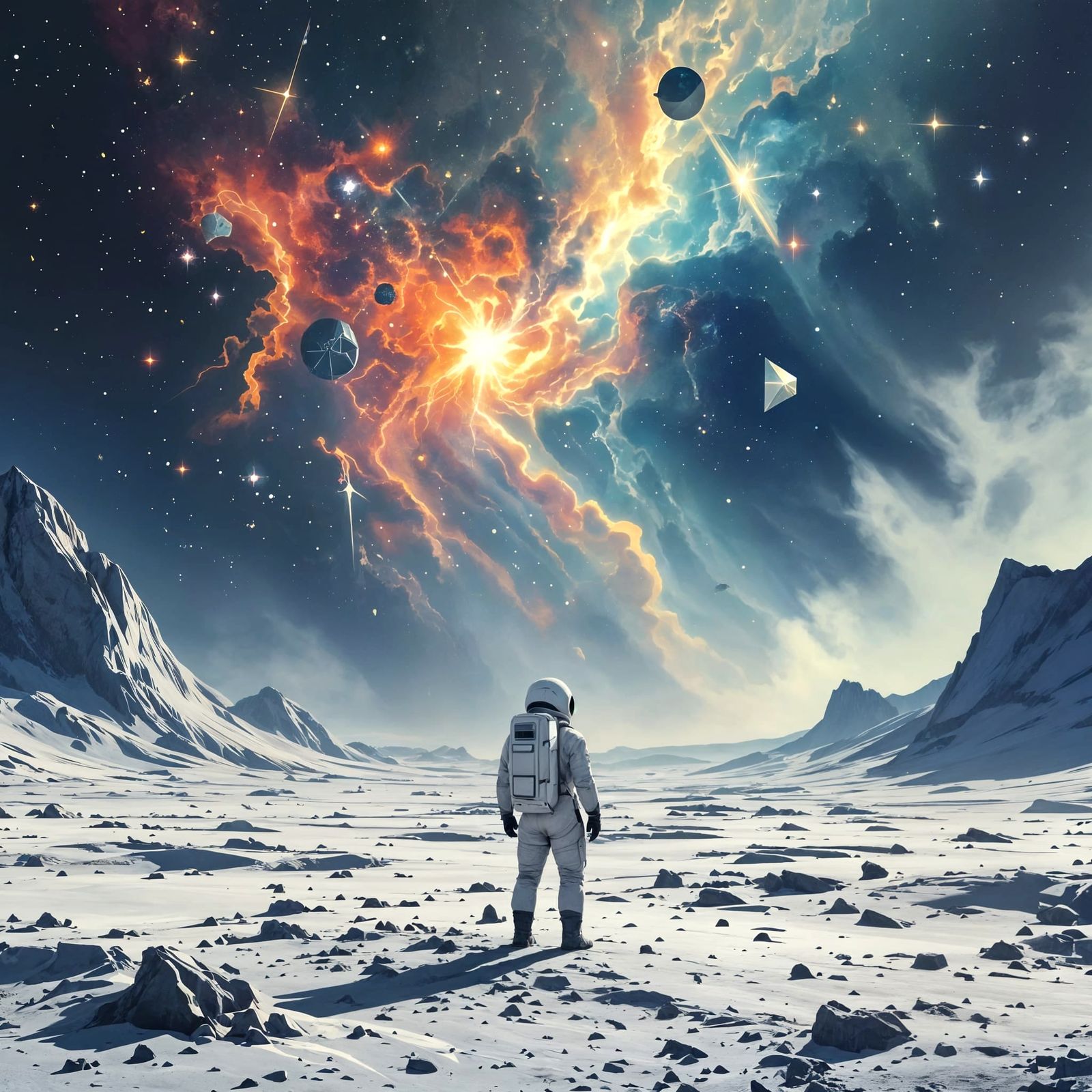 Astronaut Gazes at Alien Sky with Geometric Constellations