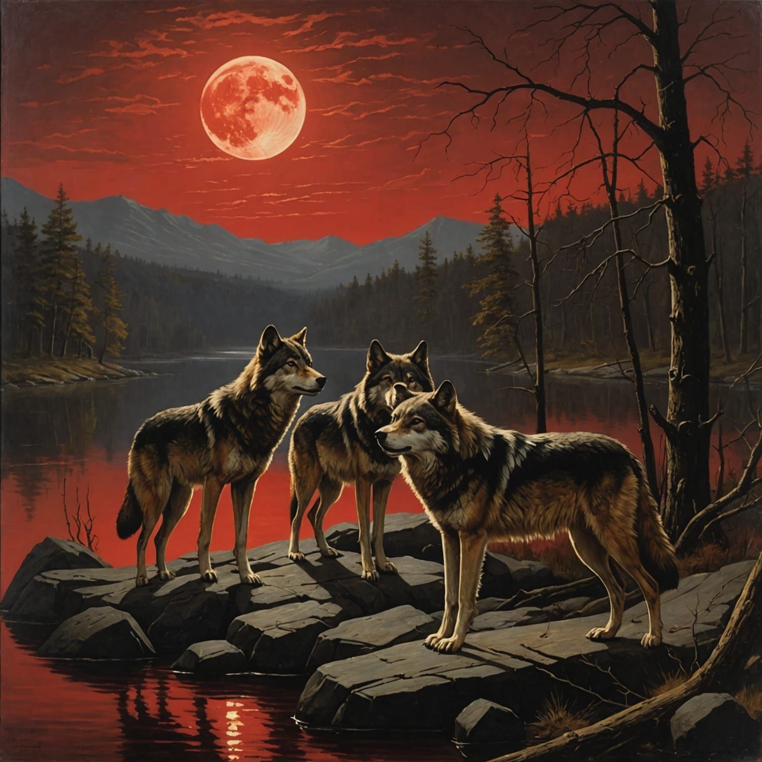 Wolves Under a Red Moon: Hudson River School Style