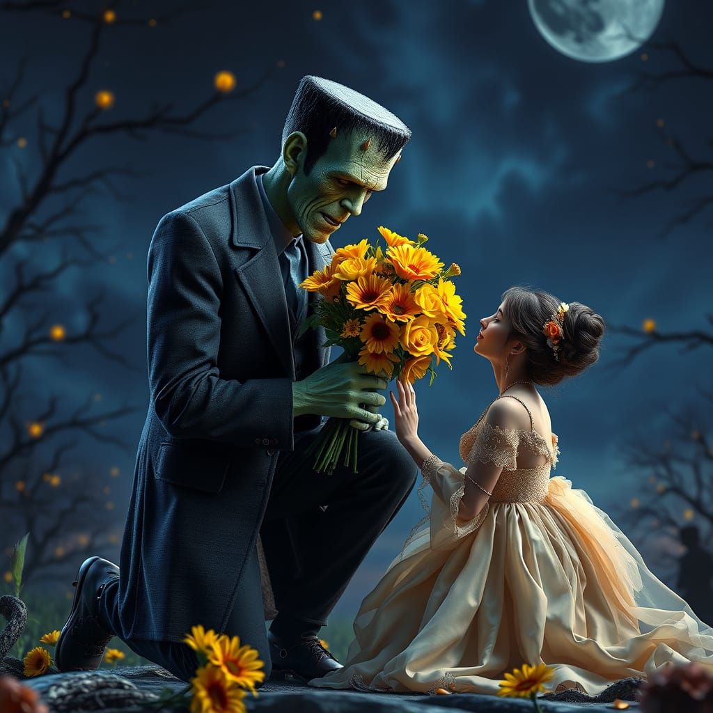 Frankenstein's Proposal with Flowers in Hyper-Detailed Reali...
